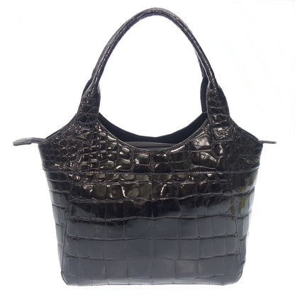 Used ◆JRA certified no brand shiny crocodile handbag tote bag black with JRA tag [AFE4] 