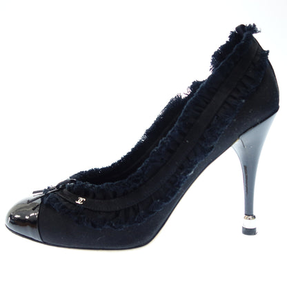 CHANEL heel pumps ruffle satin here mark ladies 38 black CHANEL [AFD4] [Used] 