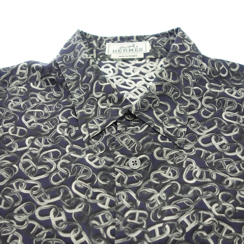 Used ◆Hermes long sleeve shirt 100% silk Chaine d'Ancre pattern sleeve serie button size 42 men's navy HERMES [AFB17] 