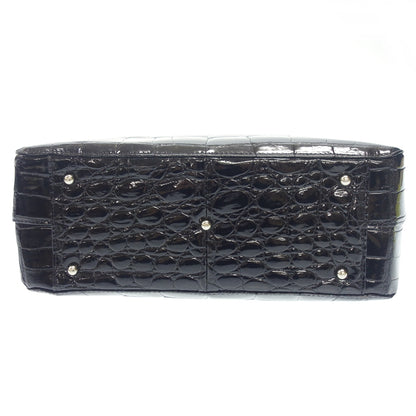 Used ◆JRA certified no brand shiny crocodile handbag tote bag black with JRA tag [AFE4] 