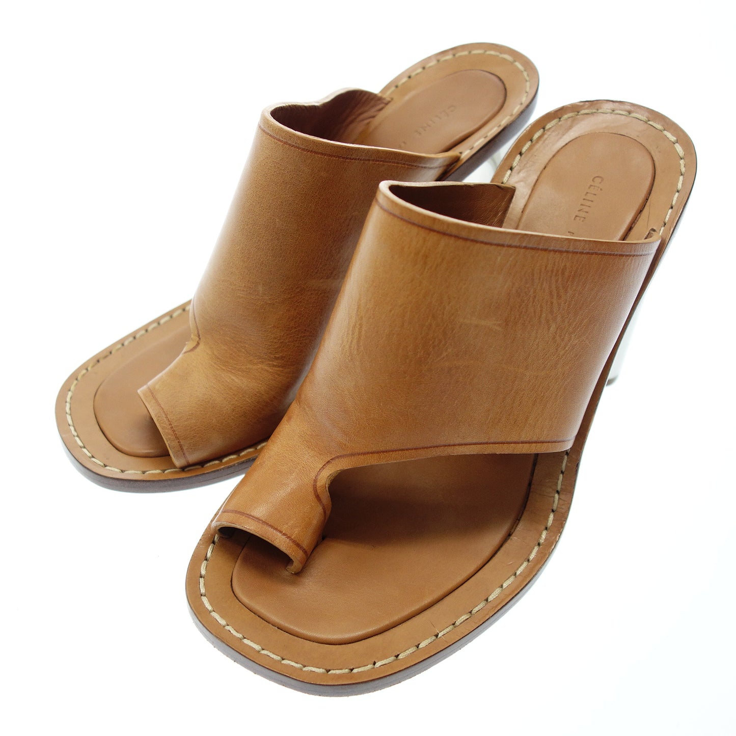 Used ◆CELINE Leather Thong Sandals Steel Chunky Heel Women's 38 Brown CELINE [AFC29] 