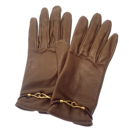 Good condition◆Hermes gloves leather gloves gold hardware brown with box HERMES [AFI18] 