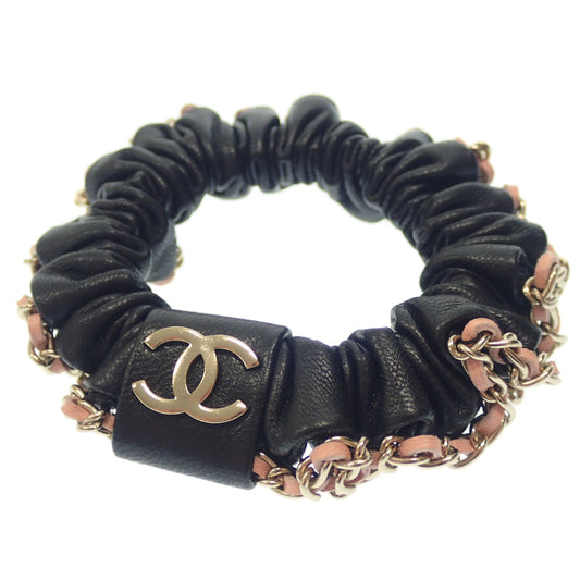 Like new◆CHANEL Scrunchie Hair Accessory Coco Mark Leather A22 Black x Pink with Box CHANEL [AFI15] 