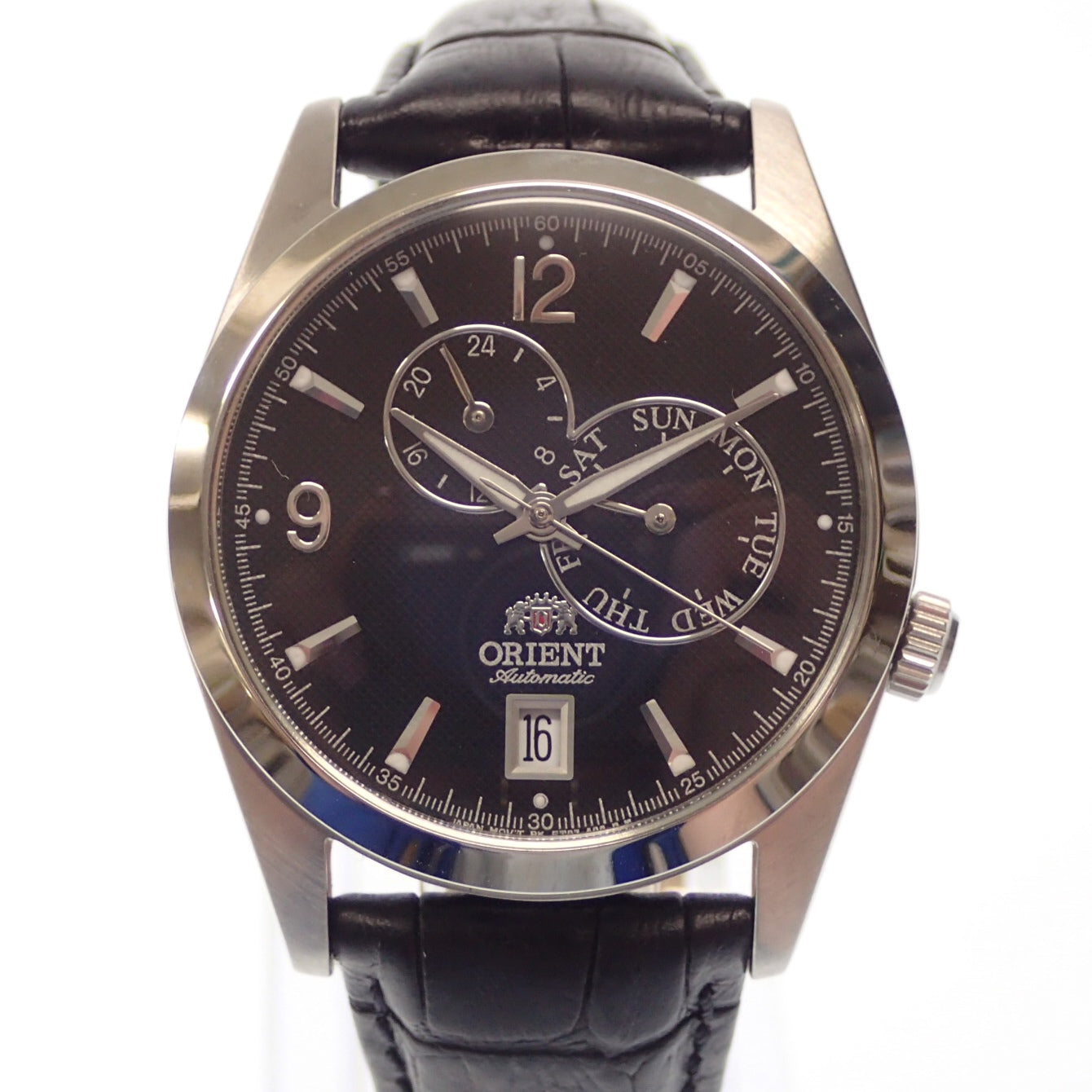 美品◆オリエント 腕時計 ET07-C2 自動巻き 文字盤黒 レザーベルト 箱付き ORIENT【AFI18】
