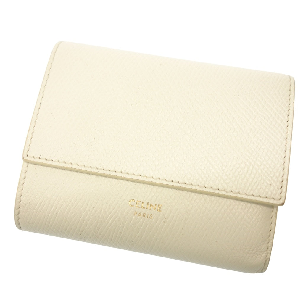 Used ◆CELINE trifold wallet compact wallet trifold gold hardware leather white CELINE [AFI8] 