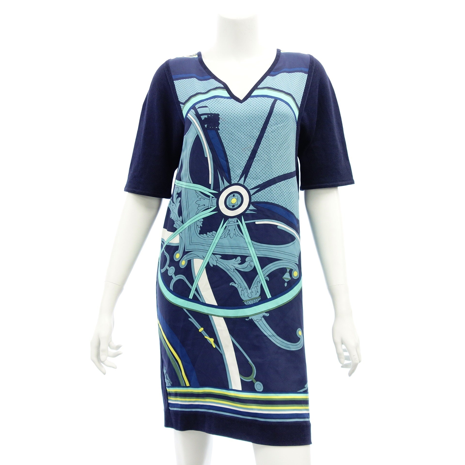 Hermes Knit Dress Short Sleeve V Neck Silk Scarf Pattern Navy HERMES [ Hermes Knit Dress Short Sleeve V Neck Silk Scarf Pattern Navy HERMES [
