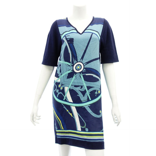 Hermes Knit Dress Short Sleeve V Neck Silk Scarf Pattern Navy HERMES [AFB14] 