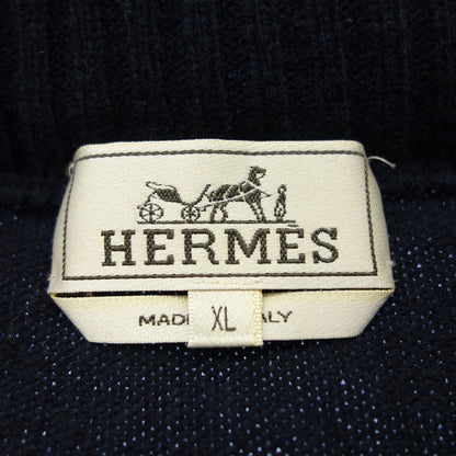 Good Condition◆Hermes Driver's Knit Built-in Hood Leather Pull Men's Black XL HERMES [AFB54] 