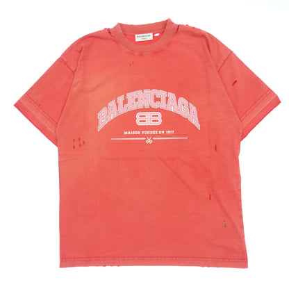 如同新品 ◆ Balenciaga 612965 短袖T恤 破烂仿旧红色 尺码 L BALENCIAGA [AFB1] 