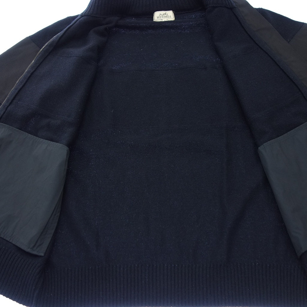 Good Condition◆Hermes Driver's Knit Built-in Hood Leather Pull Men's Black XL HERMES [AFB54] 