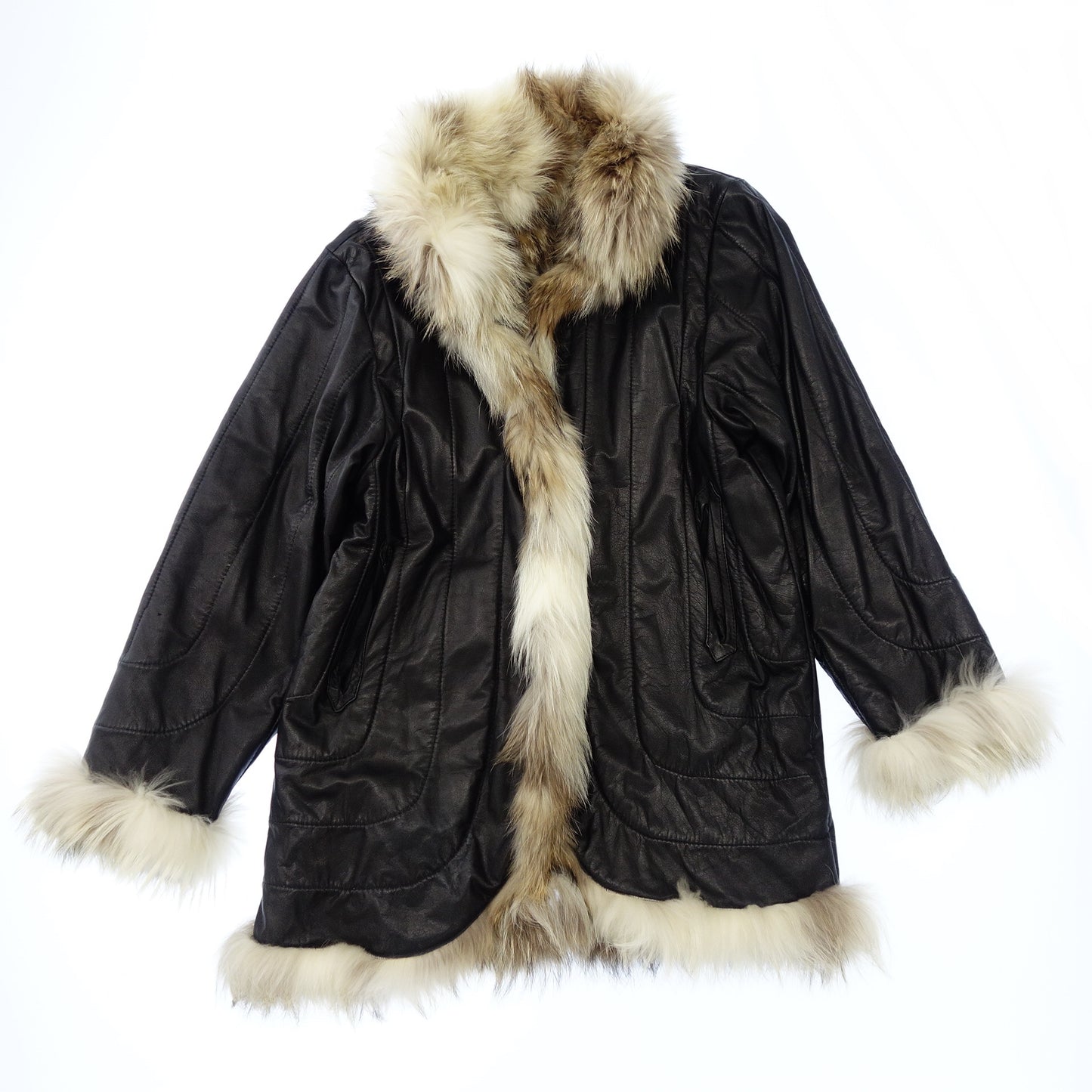 Very good condition ◆Fox fur leather coat black [AFG1] 