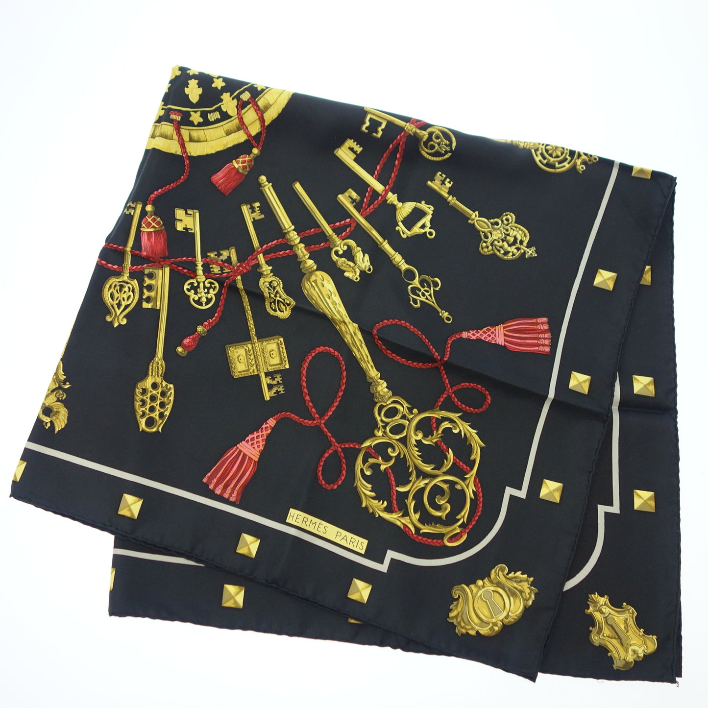 Very beautiful item◆Hermes scarf KARE90 LES CLES THE KEYS RARE black HERMES [AFI20] 