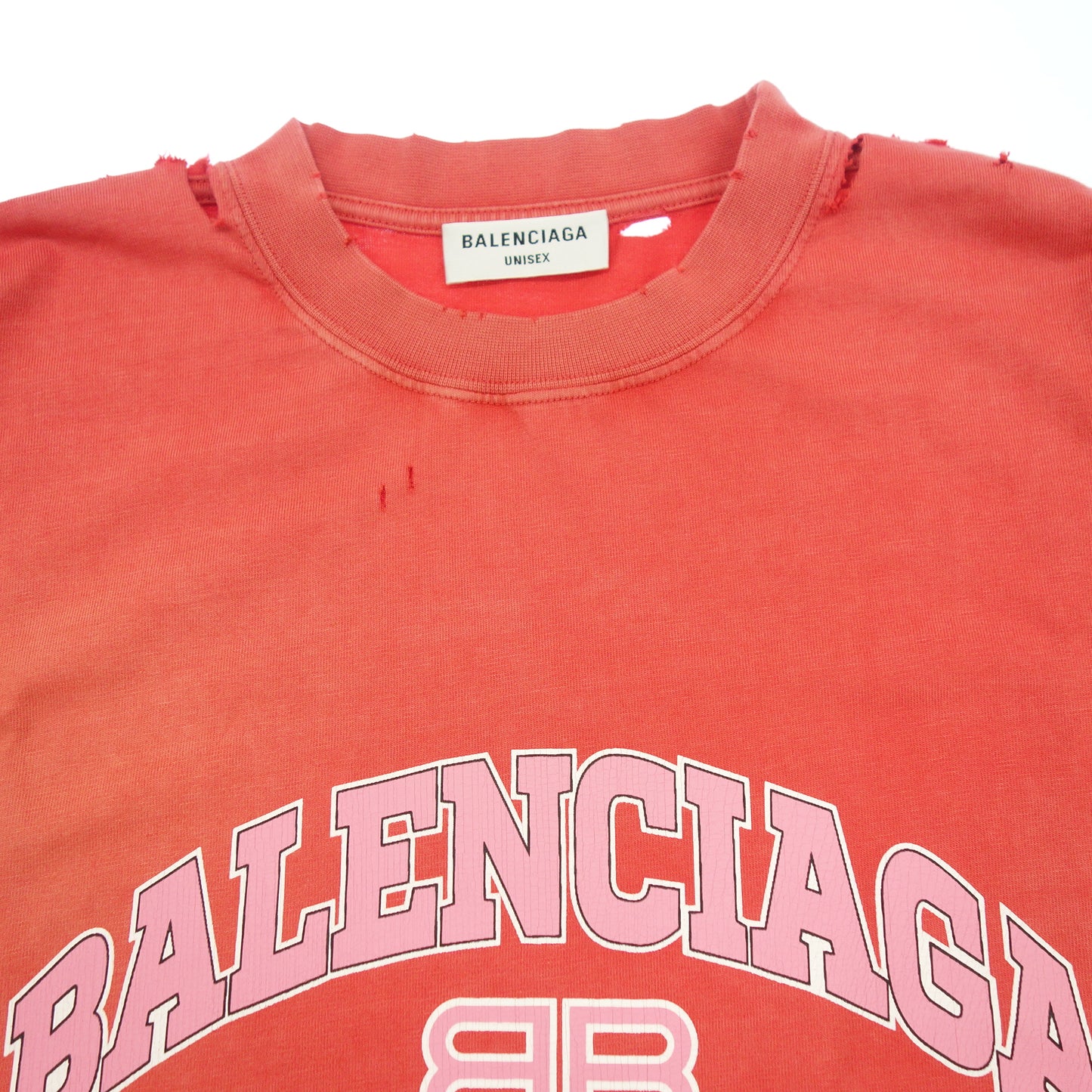 新品同様◆バレンシアガ 612965 半袖Tシャツ デストロイ ダメージ加工 レッド系 サイズL BALENCIAGA【AFB1】